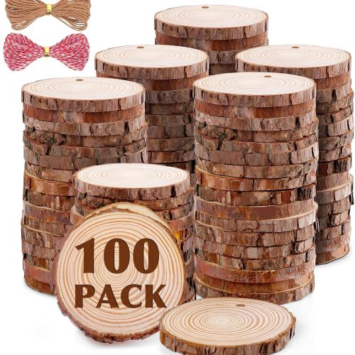 100 Pack Nature Wood Slices for Crafts,2.4-2.8In Unfinished Natural Wood Rounds.Wood Circles Predrilled with Hole and 20m Rope for Wooden Craft Supplies,Painting,Christmas Ornaments,DIY Gifts