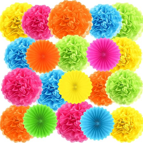 Janinka 60 Pcs Tissue Paper Pom Poms Tissue Paper Flowers and Fans for Birthday Mexican Fiesta Parties, Baby Shower Party Decor Ceiling Wall Hanging Decorations(Bright Colors)