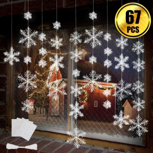 63 Pieces 4 Sizes White Christmas Snowflake Decorations Snowflake Ornaments Garland, 8 Meters White Strings and 60 Pieces Round Double Side Tape for Home Christmas Holiday Party Decorations