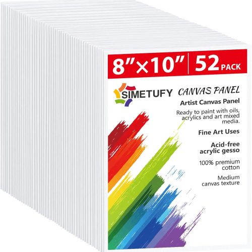 Simetufy Canvas Boards for Painting 52 Pack 8 x 10 Inch Blank Flat Canvas Panels 100% Cotton Pre-Primed for Acrylic & Oil Paint, Art Supplies for Kids & Adults