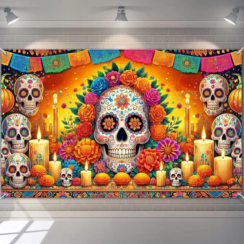 Day of the Dead Banner 71x43 Inch Día de los Muertos Backdrop with Sugar Skull Garland Flowers Candles Altar Scene Mexican Halloween Decorations for Wall Porch Festival