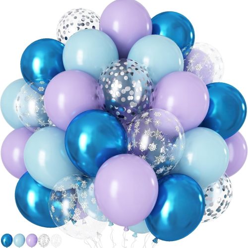 60Pcs Snowflake Balloons, Dusty Light Blue Purple Metallic Dark Blue Snowflake Clear Silver Confetti Latex Balloon for Girls Winter Wonderland Birthday Ice Baby Shower Christmas Party Decorations