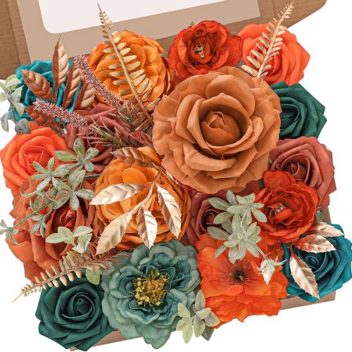 Serwalin Fall Artificial Flowers Fake Burnt Orange and Teal Silk Flowers for Cake Decor Fall Floral Centerpieces Wedding Arrangements Baby Shower Party Home Decor