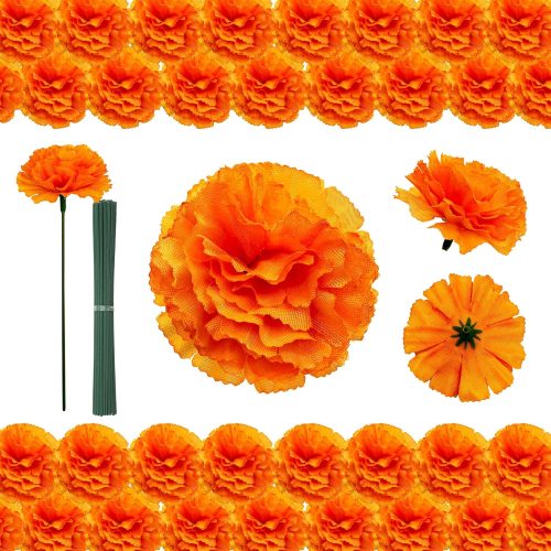 50Pcs Marigold Flowers Bulk Silk Artificial Orange Flowers with Stems for Diwali, Day of The Dead, Mexican Party, Halloween Marigold Garland Decorations