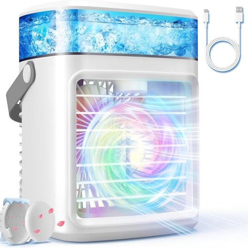 2200mAh Portable Air Conditioner, Rechargeable 3 Wind Speeds USB Personal Mini Air Conditioner & Large water tank, Quiet Evaporative Air Cooler & 7 Color Light Portable Ac Unit Fan for Office Bedrooom