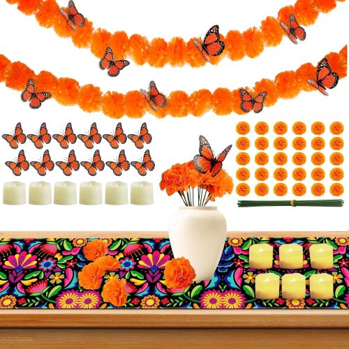 83pcs Dia De Los Muertos Decorations Ofrenda Kit - Day of The Dead Altar Decor Set,2 Marigold Garland 30 Marigold Flowers & Stems,Table Runner,12 Monarch Butterfly 6 Candle (Table Runner-Flower)