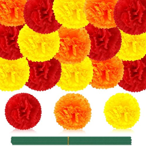 JUNEBRUSHS 60 Pcs Marigold Flower Heads Bulk, Mexican Artificial Marigold Flowers for Day of The Dead Decorations DIY Garland Craft Diwali Dia De Los Muertos Halloween Home Decor (Orange Yellow Red)