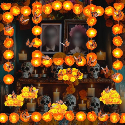 56Pcs Day of The Dead Decorations Includes 2Pcs 8ft Lighted Marigold Garland 30Pcs Artificial Marigold Flowers with Stem and 24Pcs Butterfly for Dia de Los Muertos Diwali Indian Altar Halloween