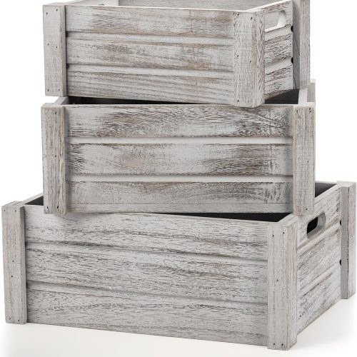 Hacaroa 3 Pack Wood Crates with Handles, Rustic Nesting Storage Container Box Decorative Wooden Basket Bins for Fruit, Vegetable, Home, Laundry, Farmhouse, 3 Sizes