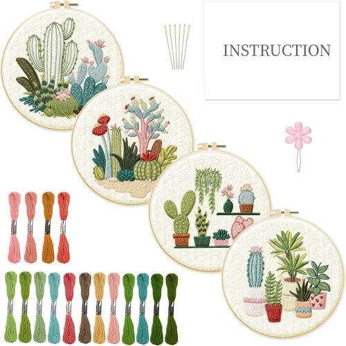 INFUNLY 4pcs Cactus Embroidery Kit Embroidery Starter Kits Cactus Cross Stitch Kits for Adults Stamped Embroidery Set with Patterns Embroidery Kit for Beginners Instruction Included