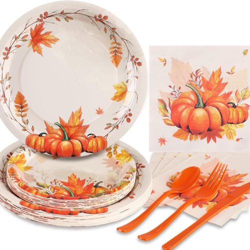 Thanksgiving Plates and Napkins Sets-Fall Paper Plates,Thanksgiving Dinnerware Sets Disposable Fall Party Supplies Serves 24 Guests for Autumn Harvest Festival Pumpkins Party Decorations