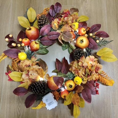 DecorbyHannah Fall Wreaths for Front Door, 24 Inch Collasible Lighted Autumn Door Wreath with Golden Boxwood Pinecone Pomegranate for Harvest Thanksgiving Home Wall Window Indoor Outdoor Decor