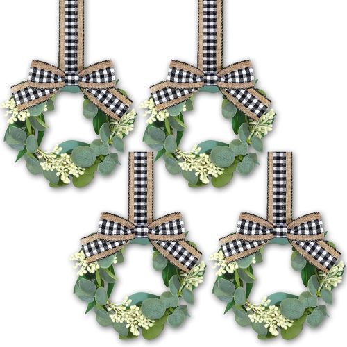 Syhood 4 Pcs 9" Mini Farmhouse Wreath for Front Door Artificial Faux Kitchen Cabinet Wreaths Small Farmhouse Decor for Front Door Porch Wall Window Decor(Classic Style)