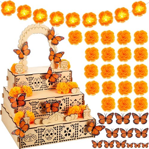 Colingmill 34 Pcs Dia De Los Muertos Decorations Day of The Dead Altar Kit Dia De Los Muertos Altar Ofrenda Shadow Box Wooden Included 6 Inch Marigold Garland with Light Flower Butterfly (Fresh)