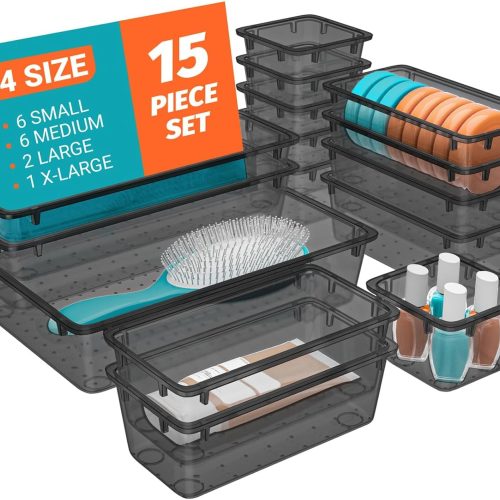 15 PCS Clear Plastic Drawer Organizer Set, 4-Size Acrylic Drawer Storage Trays, Storage Bins for Makeup, Gadgets, and Jewelry in Bathroom, Bedroom and Office, Clear Black
