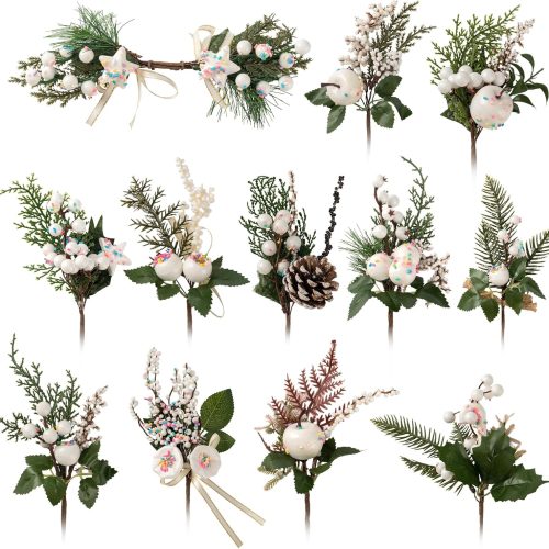 Crafare12 Pack Artificial Christmas Tree Picks Assorted Candy Pine Picks Spray with Pinecones Apples Holly Leaves Winter Holiday Season Decoration