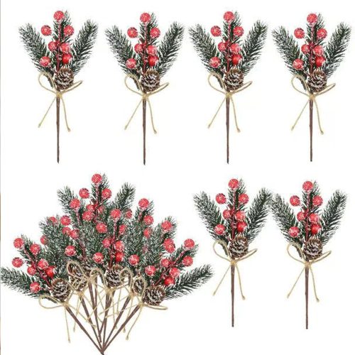 10Packs Christmas Berry Picks Glitter and Sprays Artificial Pine Branches with Red Berry Stems Pine Cones Christmas Greenery for Crafts, Holiday Décor, Wreaths Xmas Decorations