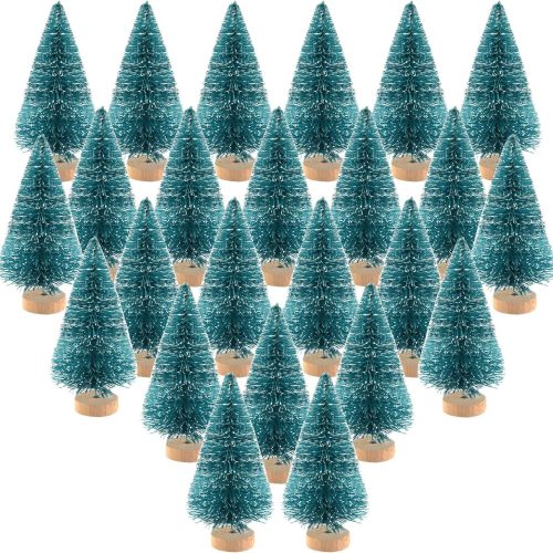 KUUQA 24Pcs Mini Sisal Trees Bottle Brush Trees Mini Christmas Trees Pine Trees with Wood Base Winter Snow Ornaments Tabletop Trees for Christmas Decorations Diorama Models, Small Size Trees