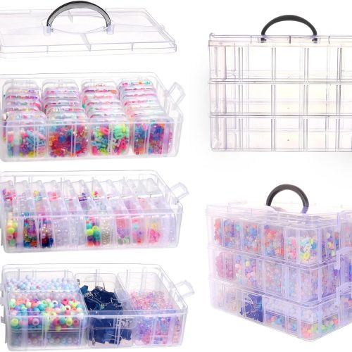 Bead Organizer Box, 56 Pcs Small Plastic Containers with Lids and 3-Tier Stackable Storage Box, Clear Organizers for Jewelry Toys Craft Storage
