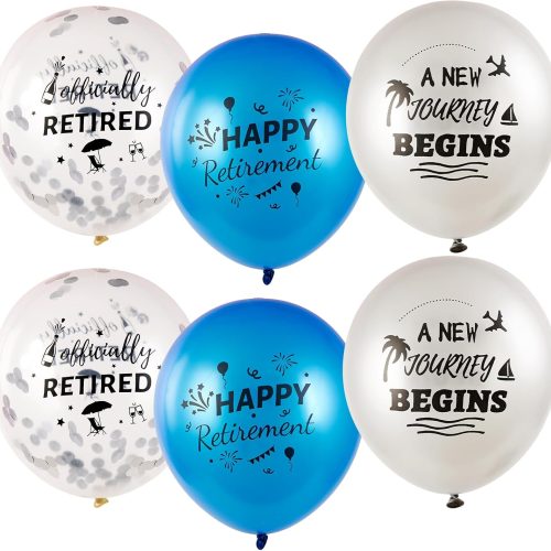 SUNBEAUTY 18 Pcs Happy Retirement Balloons With Pattern 12 Inch Blue and White Retirement Latex Sequin Balloons for Retirement Theme Party Decorations
