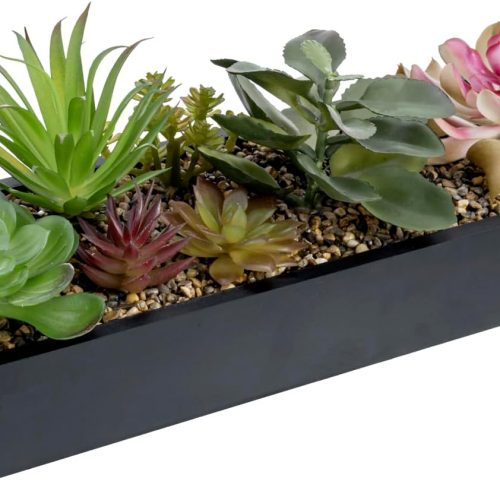 MyGift Artificial Assorted Succulent Arrangement in Rectangular Black Wood Planter Box, Fake Plant Decor