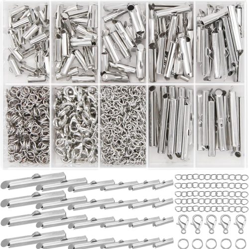JOJOPLAY All Size Slider Clasp for Beading Slide Tube Cord Ends with Open Jump Rings Lobster Clasp Chain Extender Jewelry Finding Kit Bead Loom End Bar for Jewelry Making (Silver)