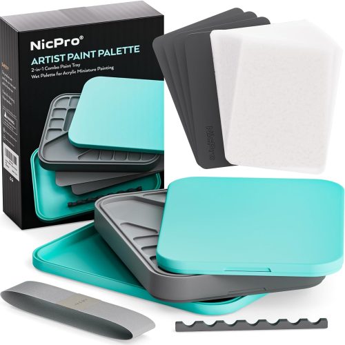 Nicpro Stay Wet Palette for Acrylic Miniature Painting Kit, Paint Tray Palettes with 100PCS Pallet Paper, 4PCS Sponge, Brush Holder Mixing Paint Saver Palette for Miniature Model Paint