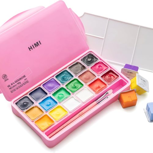 HIMI Gouache Paints Set, 18 Colors, 30g, jelly gouache paint set, Non Toxic Paint for Canvas and Paper, Art Supplies for Professionals, and More (Pink Case)