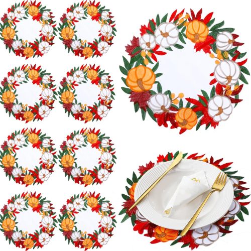 Tigeen Fall Placemats Set of 8, 15 Inch Round Fall Pumpkin Place Mats Cutwork Embroidered Maple Leaves Autumn Table Mats for Thanksgiving Autumn Harvest Holiday Kitchen Dining Home Table Decor