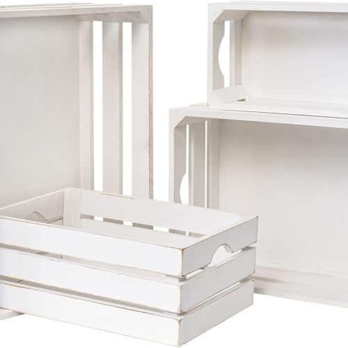 Set of 4 Large Wooden Crates Decorative, Whitewashed Nesting Wooden Crates for Display Rustic, Farmhouse Wooden Storage Container Boxes Made from 100% Wood