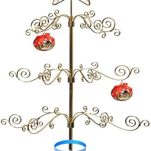HOHIYA Metal Ornament Display Tree Stand Rotating Hanger 24 Inch Wire Hook Hanging for Halloween Christmas Balls Bauble Decorations Gift Craft Tabletop Taiwan Made Gold