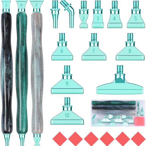 Snewvie Diamond Painting Pen Accessories Tools Set,3PCS Glitter Diamond Art Pen and 12Pcs Green Metal Screw Thread Multi Placer Tips,Resin Diamond Painting Drill Pens for DIY Diamond Art