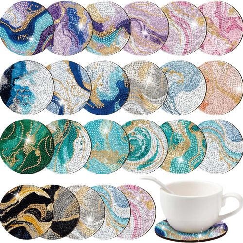 Yaomiao 24 Pcs Marble Diamond Art Coasters Painting Coasters Ocean Marble Coasters Diamond Art Coasters Kit DIY Coasters with Cork Base for Outdoor Drinks Adults Kids Beginners DIY Crafts Supplies