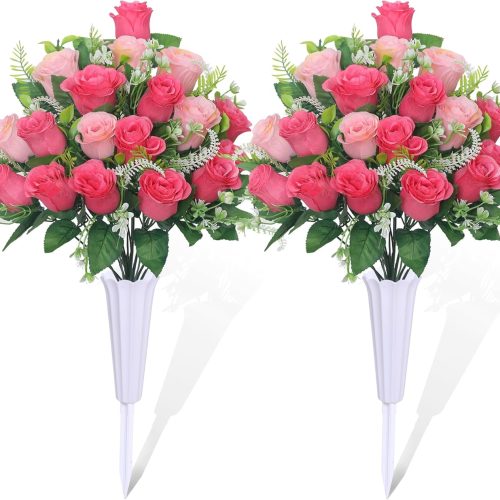 Set of 2 Artificial Cemetery Flowers, Grave Memorial Flowers with Vase, Outdoor Grave Decorations Roses for Cemetery Headstones Decoration (Pink)