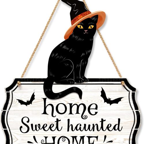 Halloween Decorations 3D Black Cat Door Hanger Home Sweet Haunted Home Wooden Door Sign Rustic Wall Decor Spooky Welcome Sign for Haunted House Halloween Party Outdoor Indoor Decorative Signs