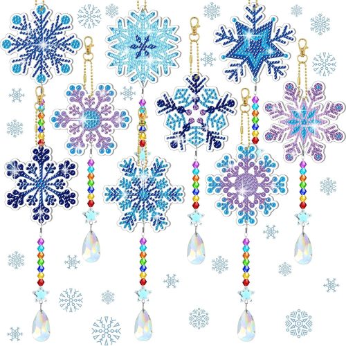 Huwena 9 Pcs Christmas Snowflake Diamond Art Painting Kits for Adults Double Sided Diamond Snowflake Painting Wind Chimes 5d Crystal Hanging Pendant Ornament for DIY Xmas Winter Decor Party Supply