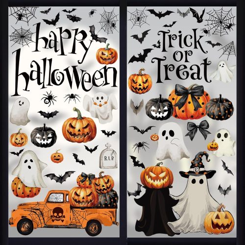 9 Sheets Halloween Decorations Window Clings, Scary Pumpkin Ghost Bats Spiders Stickers Decals, Double Sided Printed Halloween Decals Decor for Home Office Door Glasses Party Favors Supplies