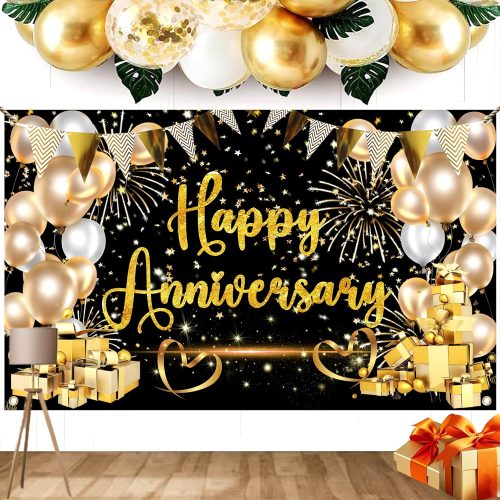 Happy Anniversary Banner Black and Gold Decorations for Party Supplies 5.9x 3.6Ft Large Happy Anniversary Backdrop Wedding Sign Valentine's Day Decorations
