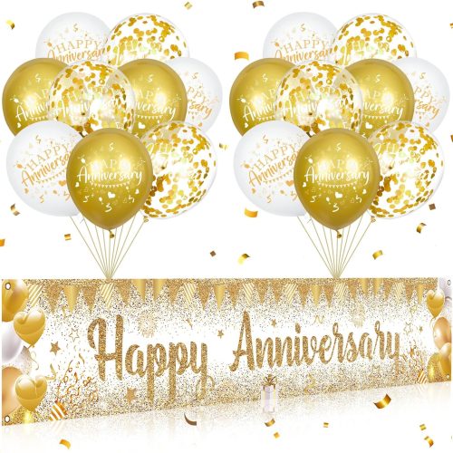 Happy Anniversary Banner - White Gold with 18pcs Balloons & Confetti Set for Men, Women, Wedding or Anniversary Party Decor