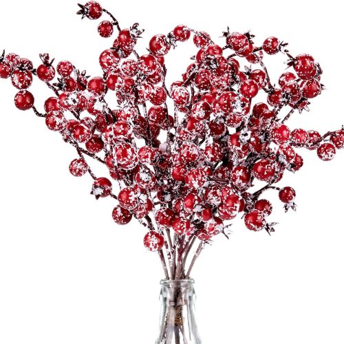Whaline 12 Pack Christmas Artificial Berry Picks Xmas Winter Frosted Red Berry Stems 11.8inch Fake Snowy Red Berry Branches for Christmas Tree Wreath Garland DIY Crafts Home Wedding Party Decor
