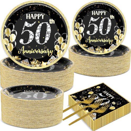 50 Guests 50th Anniversary Plates Napkins Party Supplies Employee Career Wedding Party Decoration Disposable Paper Cake Tableware Sets Party Dinnerware Favors Fiftieth Anniversary, 200PCS