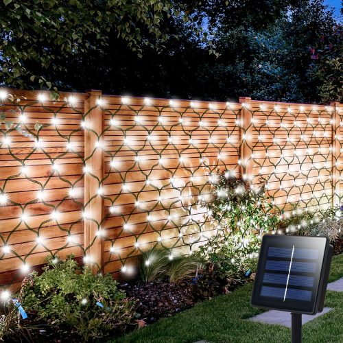 Solar Net Lights Outdoor, 100 LED 5Ft x 5Ft Bush Net Light Outdoor Mesh Lights Auto On/Off 8 Modes for Tree Fence Wall Roof Backyard Bush Decor (Cool White)