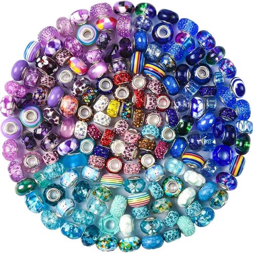 Aipridy Assortment European Large Hole Beads Spacer Beads Rhinestone Craft Beads for DIY Charms Bracelet Jewelry Making (Purple-Lake Blue-Blue)