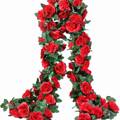 2 Pack (16FT) Artificial Rose Vine Fake Flowers Garland Hanging Silk Rose Ivy Plants Vine for Mother's Day Wedding Arch Party Garden Wall Aesthetic Art Décor (Red)