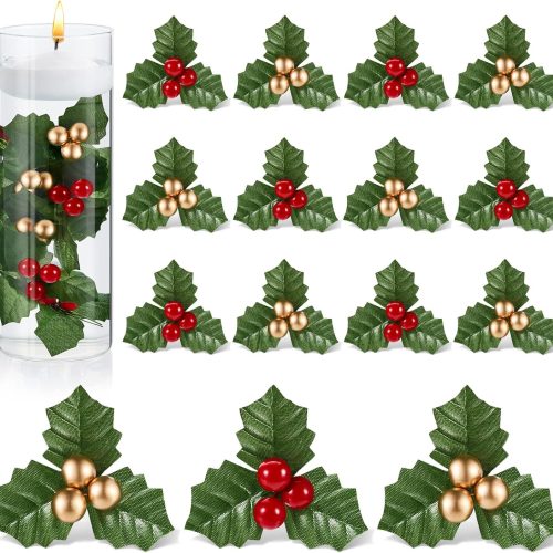 50 Pcs Christmas Holly Berries for Crafts Faux Berries Flowers and Holly Leaves Christmas Wreath Fillers for Vase Fillers Floating Candle Table Centerpiece(Red, Gold)
