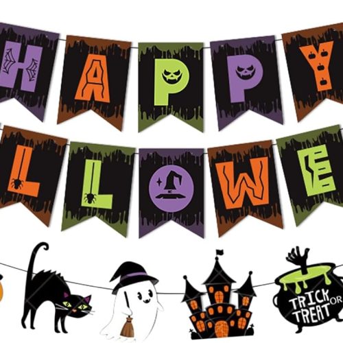 Happy Halloween Banner Party Decorations Kids with Pumpkin Spider Bat Witch Hat Signs Halloween Haunted House Party Decorations for Home Classroom Wall Mantel Fireplace Party Supplies