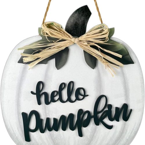 Fall Door Decor White Pumpkin Wall Decor Hello Pumpkin Sign with Raffia Bow Fall Decorations for Home Porch Wooden Front Door Hanger for Harvest Thanksgiving Indoor Outdoor Home Decorations