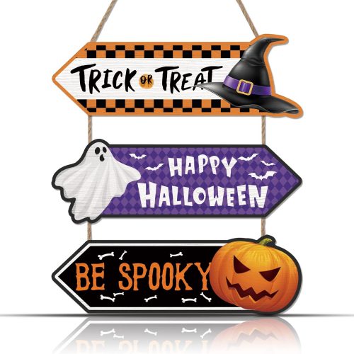 KAIRNE Happy Halloween Signs Decorations,Trick or Treat Wall Hanging Door Sign,Halloween Porch Outdoor Wooden Plaque(30X9.7CMX3)Be Spooky Pumpkins Wall Art Party Decorations for Home Front Door Decor