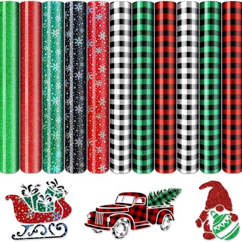 Christmas Heat Transfer Vinyl, 11 Sheets Christmas Buffalo Plaid HTV Vinyl, Holographic Snowflake Iron On Vinyl for Cameo 12×10 inch