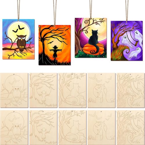 COCHIE 10PCS Large Halloween Unfinished Wood Crafts to Paint for Adults Kids, Bulk Predrilled Wooden Ornaments for Painting, Halloween Ghost Paintable Wood Slices Craft Supplies with Ropes